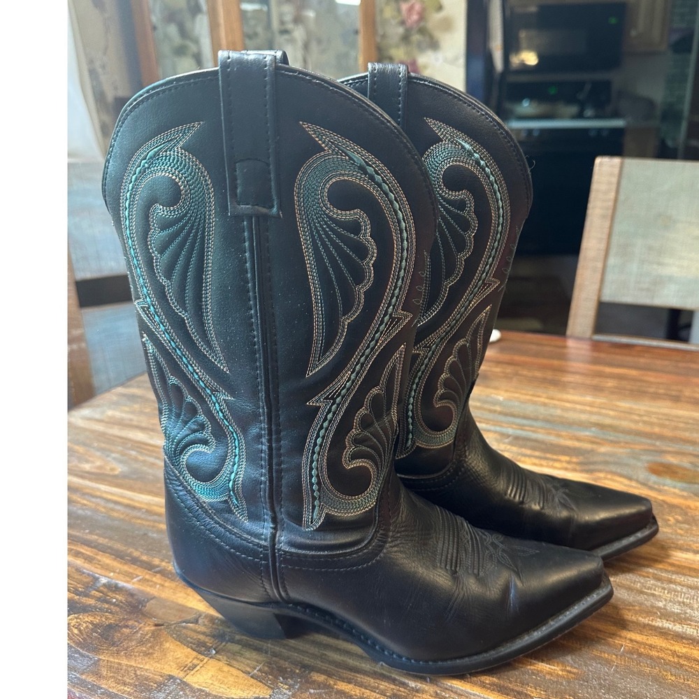Laredo 5730 Lea. Vamp Fox Women Black Leather Teal Embroidered Cowboy Boots 8.5M